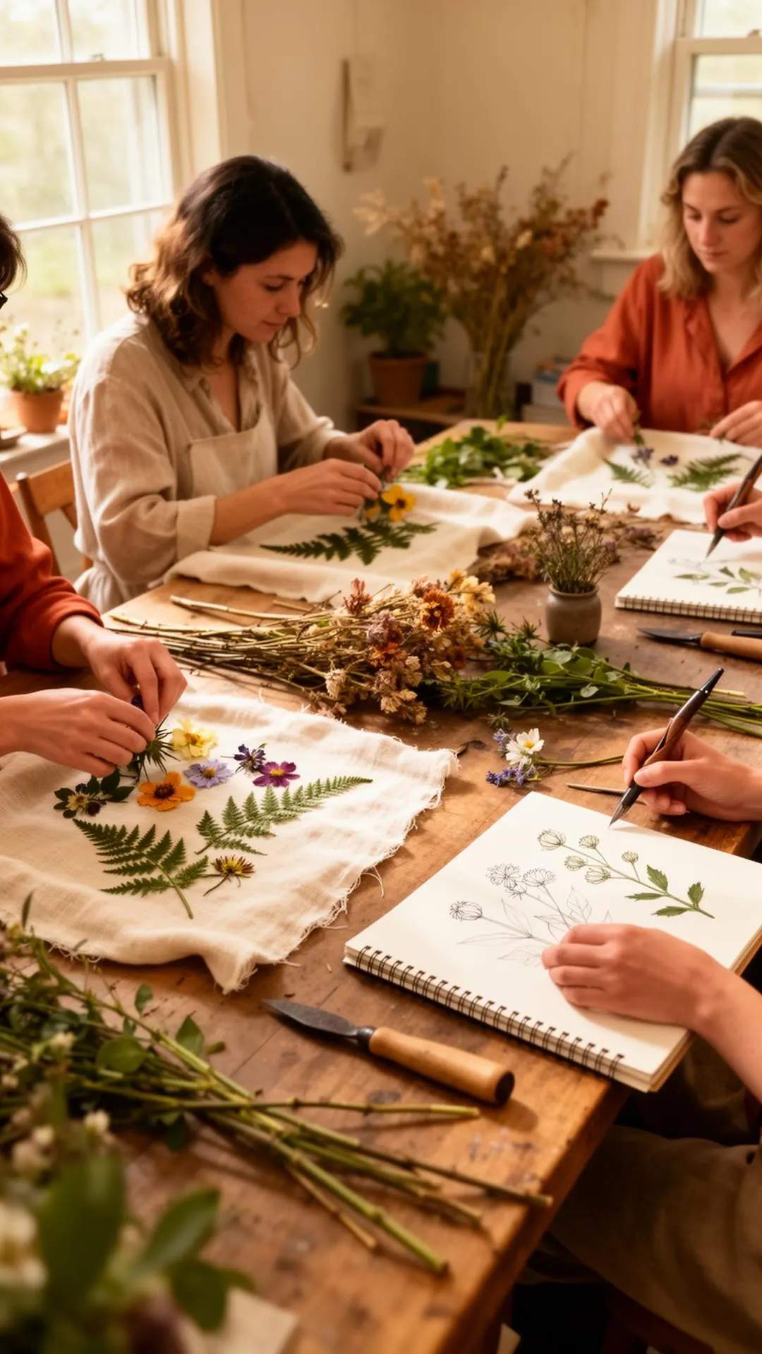 Botanical artisans creating together in a sunlit Hudson Valley studio
